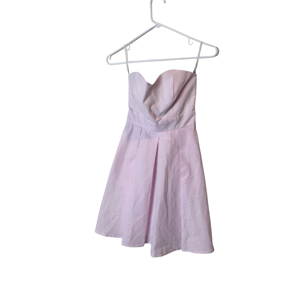 Lauren James Dress Womens XS Pink Seersucker Strapless Fit & Flare Bow Back